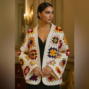 Handmade Crochet Granny Square Jacket – Boho Chic Luxury Cardigan Size L/XL NWT